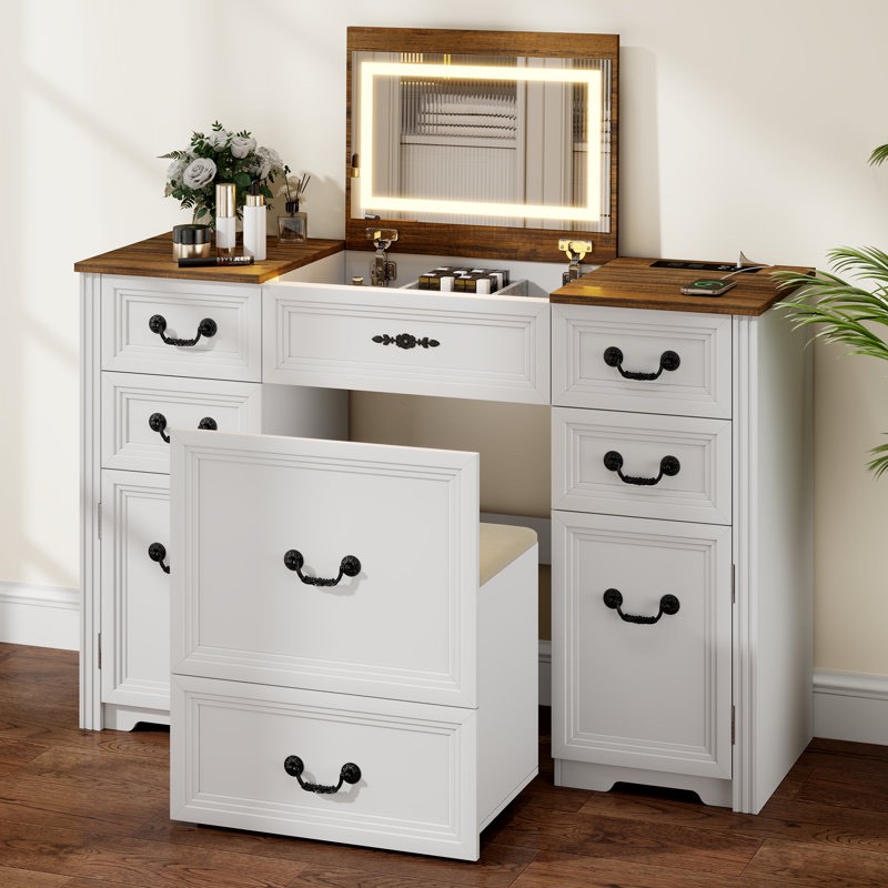  Multifunctional Vanity Desk With Mirror, Led Lights, Drawers, And hid