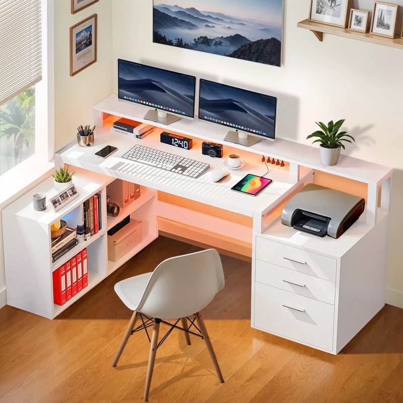 Carolgene 65" L Shaped Desk with Power Outlets & LED Lights 