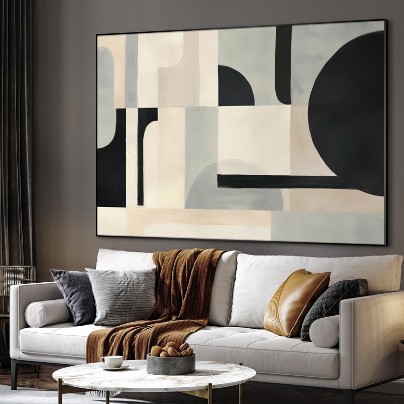 Extra Large Framed Wall Art Modern Neutral Abstract Geometric in Bla