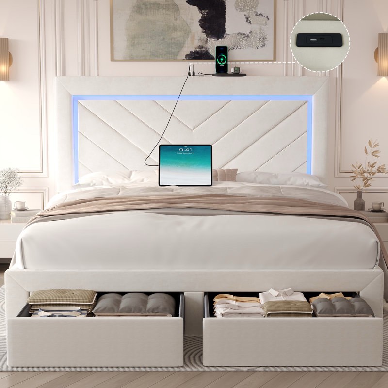 Upholstered Bed Frame with Adjustable Charged LED Headboard and 
