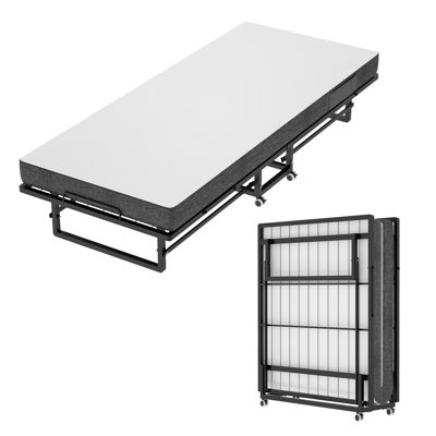 folding bed with mattress, portable rollaway bed for adults - foldable cot size bed frame with 5" memory foam mattress and storage cover, guest day bed with metal fold up bed on wheels, 75"x31"