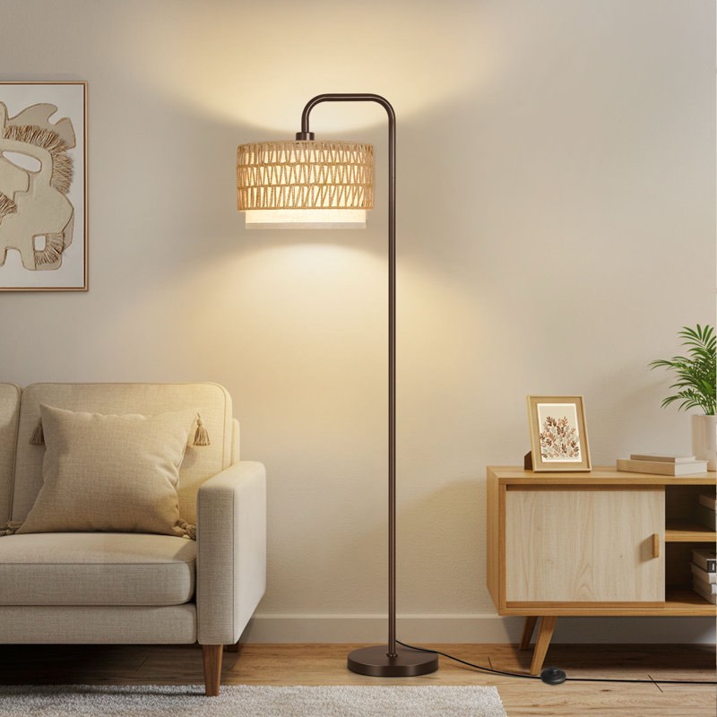 68" Arched/arc Rattan Floor Lamp With Bulb And Remote Control
