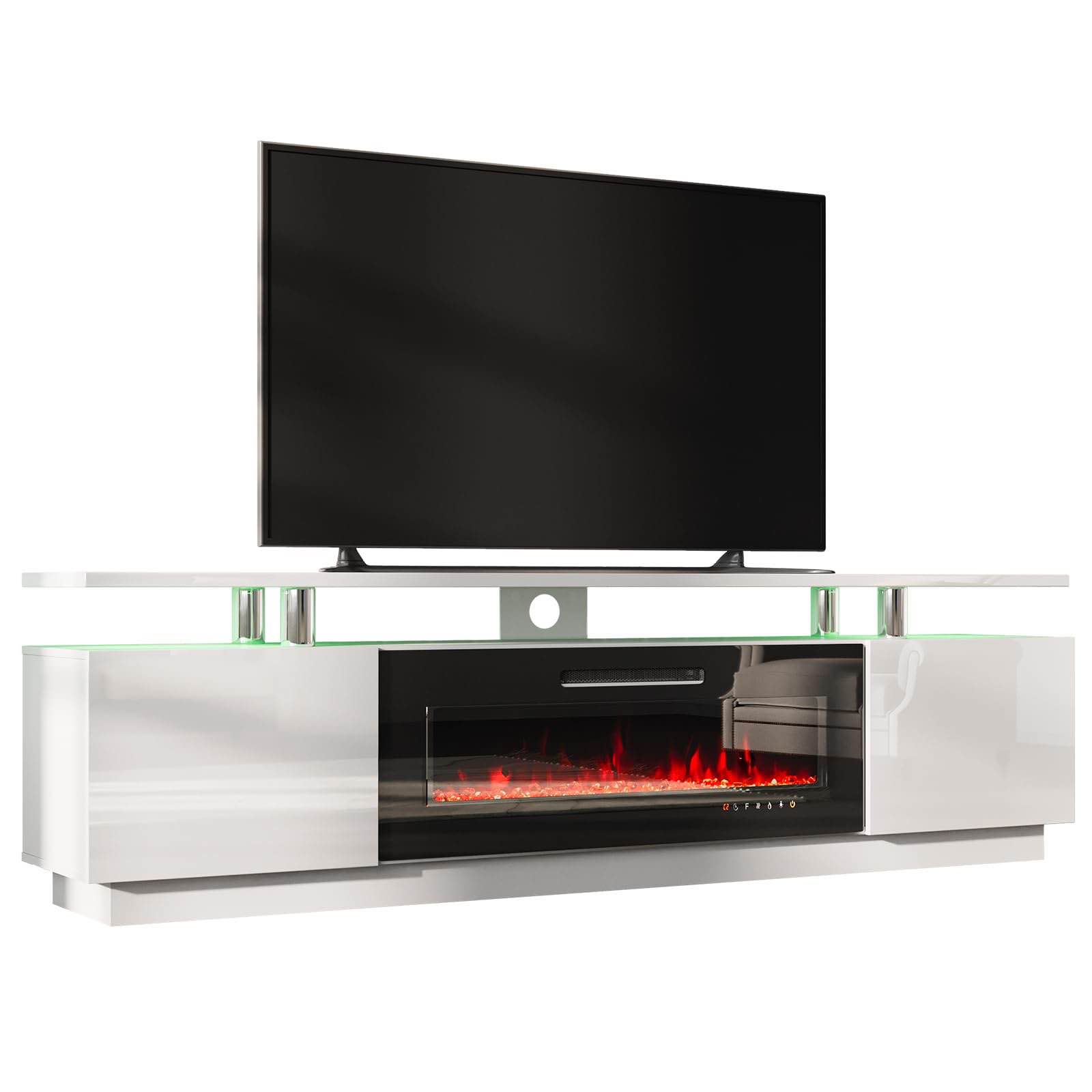 (incomplete one box of two )(pickup one box )AMERLIFE Fireplace TV Stand with 40" Fireplace, 80" Modern High Gloss Fireplace Entertainment Center LED Lights, 2 Tier TV Console Cabinet for TVs Up to 90", Ivory White