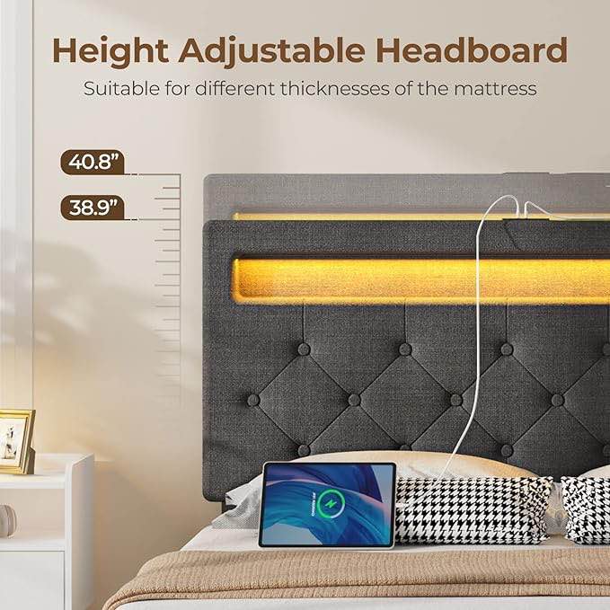 mult-ifunctional storage bed frame with led ligth strip grey king 