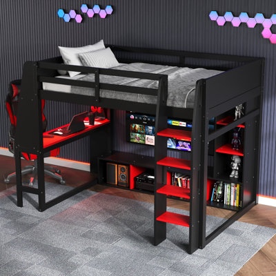 (incomplete)Wood Gaming Loft Bed with Desk, Multi- storage Shelves, LED and