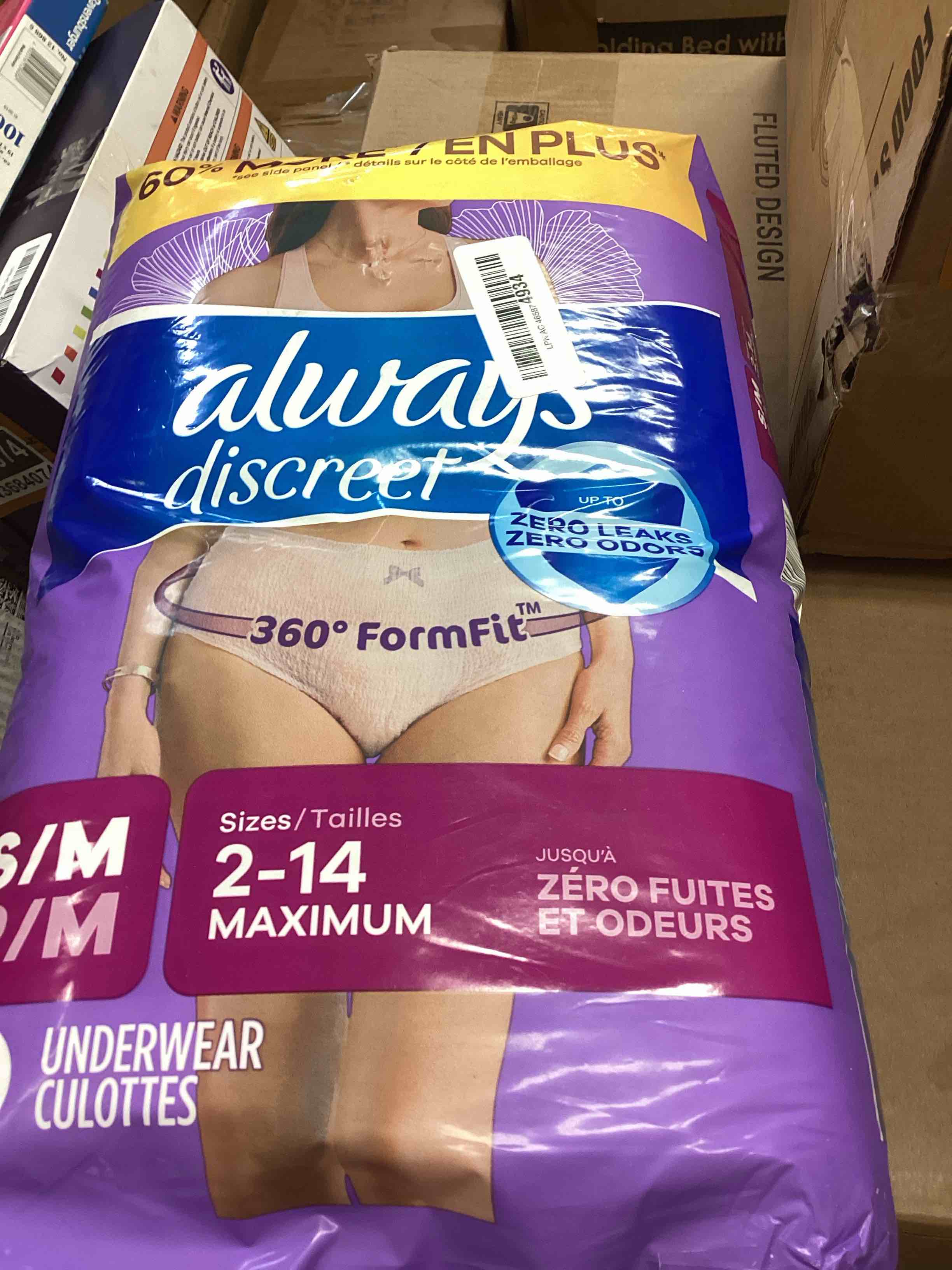 Condition photo showing New/Like New for always discreet adult incontinence underwear for women and postpartum underwear, small/medium, up to 100% bladder leak protection, 32 count small/medium 32