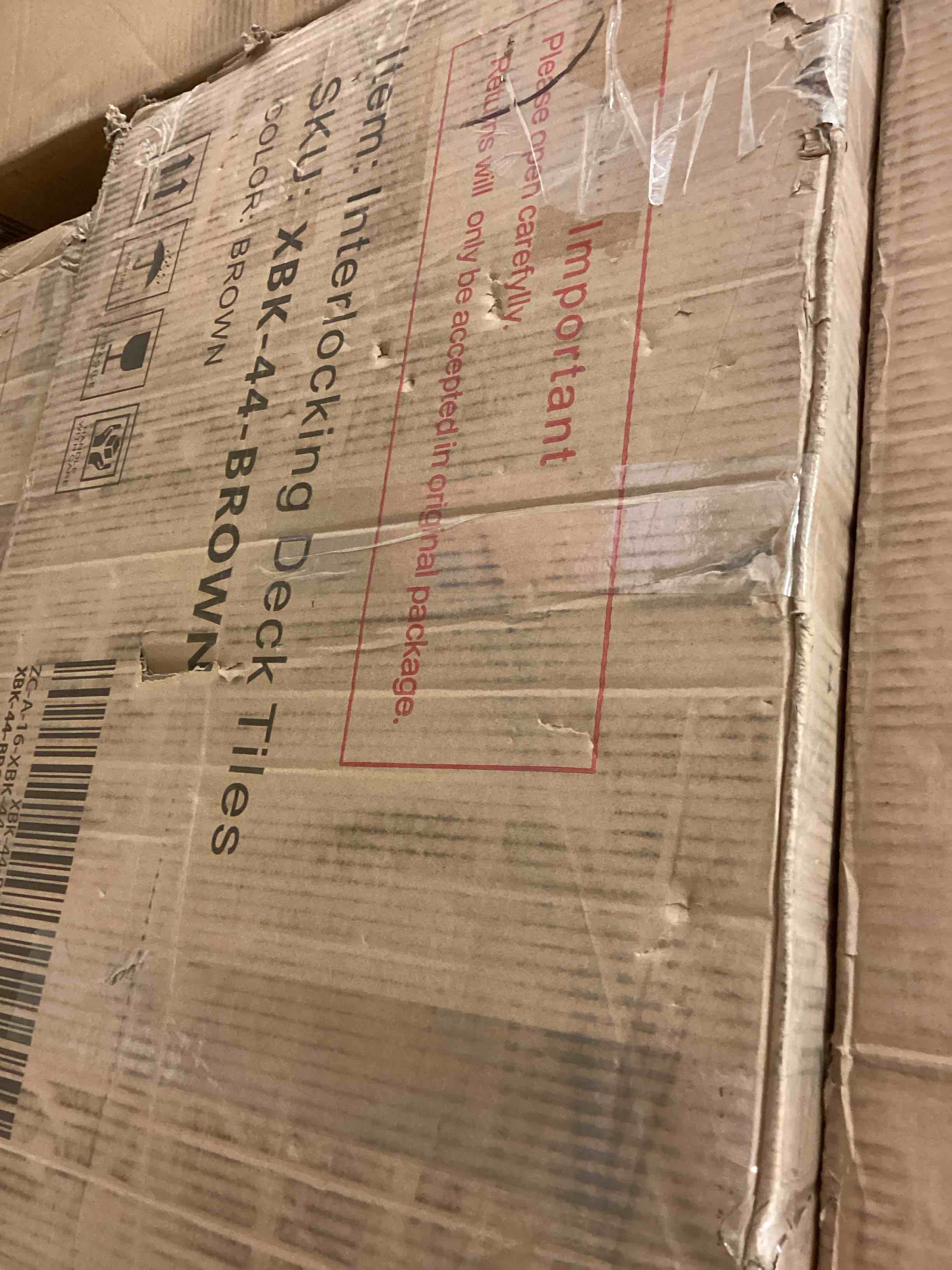 Condition photo showing New/Like New for 44 Pack Interlocking Deck Tiles, 12"x12"x0.8" Plastic Patio Flooring Outdoor Waterproof, All Weather Use for Balcony Porch Backyard Poolside?Brown,Stripe?