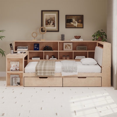 L-Shaped Wooden Daybed with Besk, S(incomplete only one box for pickup )