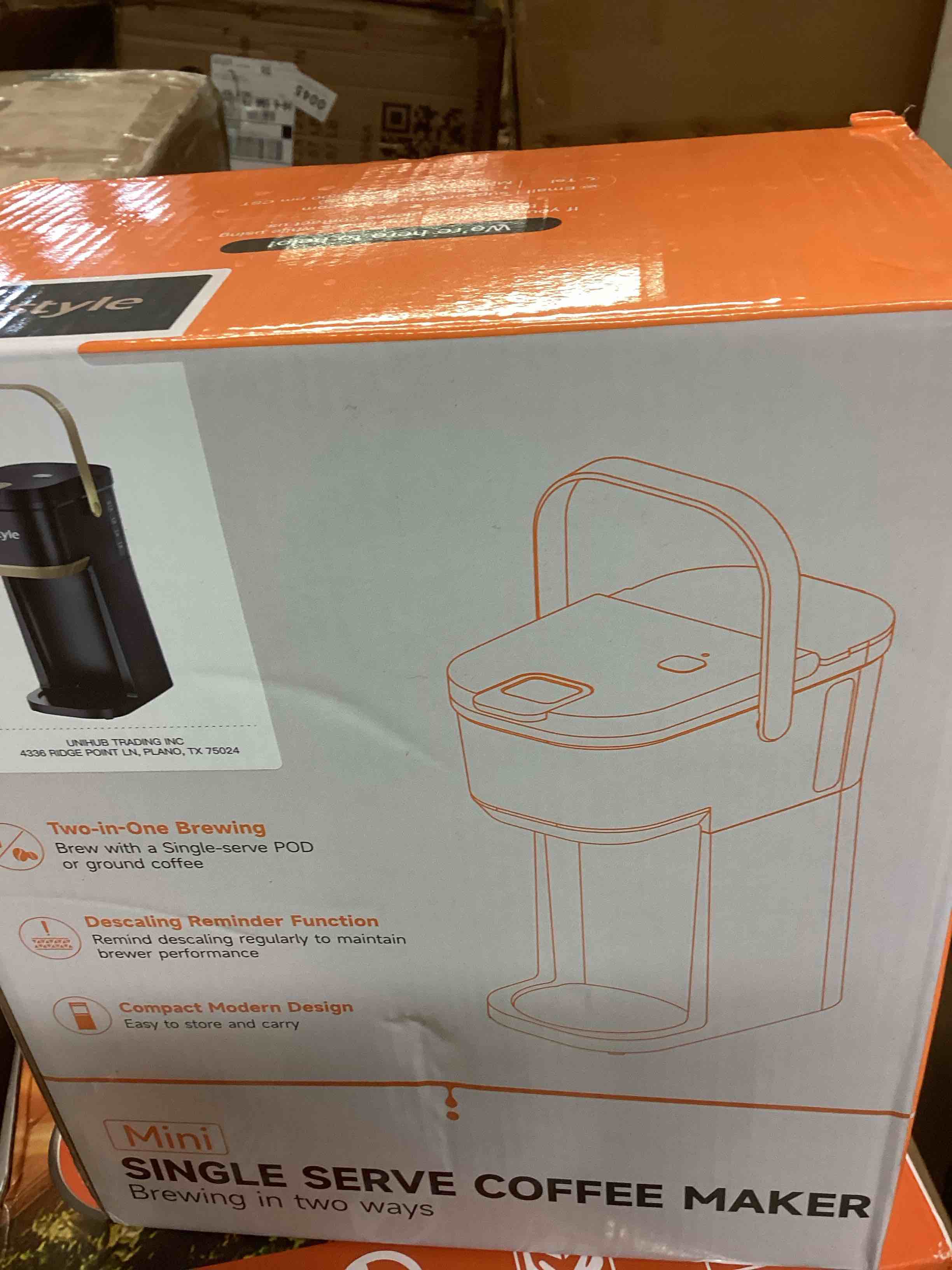 Condition photo showing As Is for Single Serve One Cup Coffee Maker, for K Cups and Grounds, Mini Coffee Maker with Portable Handle, 6 to 12 Oz Brew Size, for Travel, Camping, Office, RV and Dorm, 120V, Black and Gold