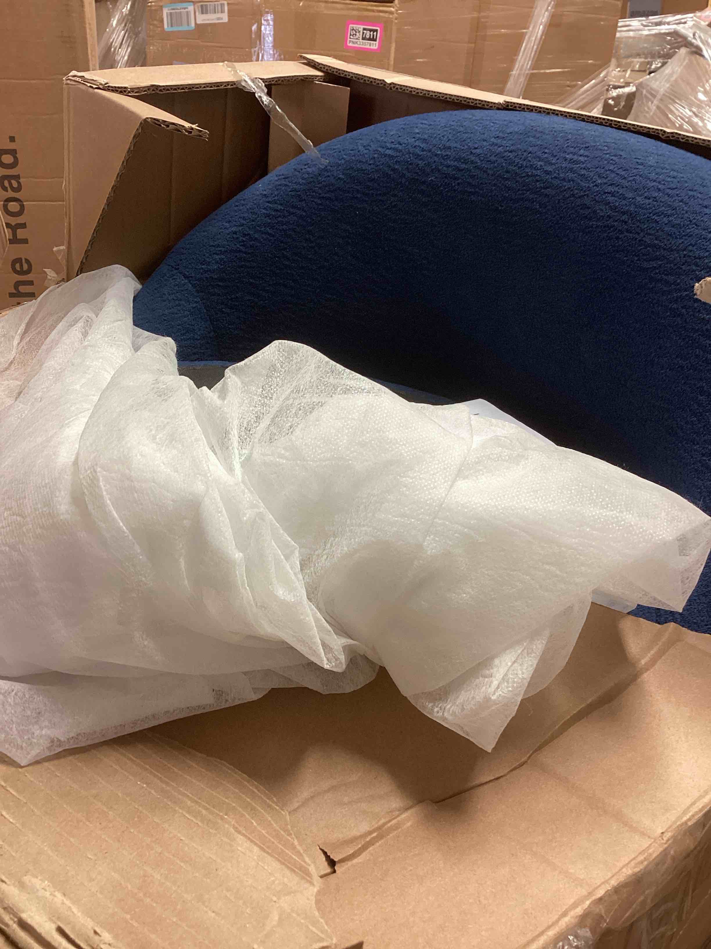 Condition photo showing As Is for LINSY Swivel Accent Chair with Storage Comfy Chenille Barrel Chairs, Small 360 Swivel Modern Armchair for Living Room Bedroom, Boucle Reading Chair for Study Room (Blue)