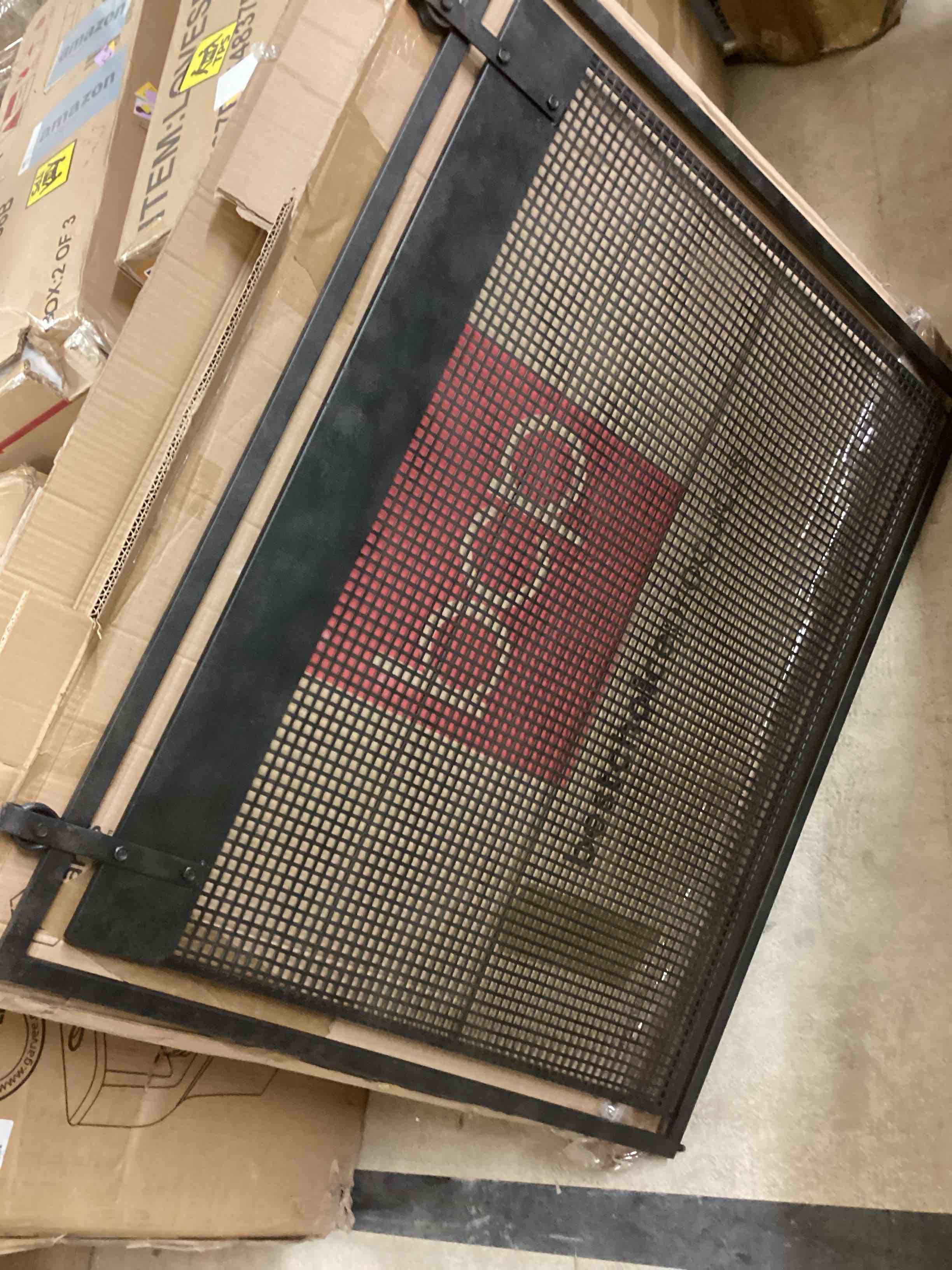 Condition photo showing As Is for Black Metal Suspended Grid Single Panel Geometric Fireplace Screen with Bolted Detailing