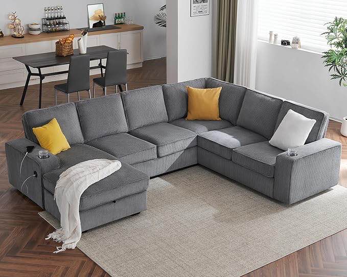 (incomplete box 2/2) Oversized Sofa, 112 inch U Shaped Sofa with USB Ports, Sectional Couch with Storage Chaise, Corduroy Grey