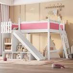 (incomplete box 2) Harper & Bright Designs Queen Low Loft Bed with Open Shelves Cute Bed Frame for Girls Solid Wood Loft Bed with Slide and 13.7” Height Guardrails