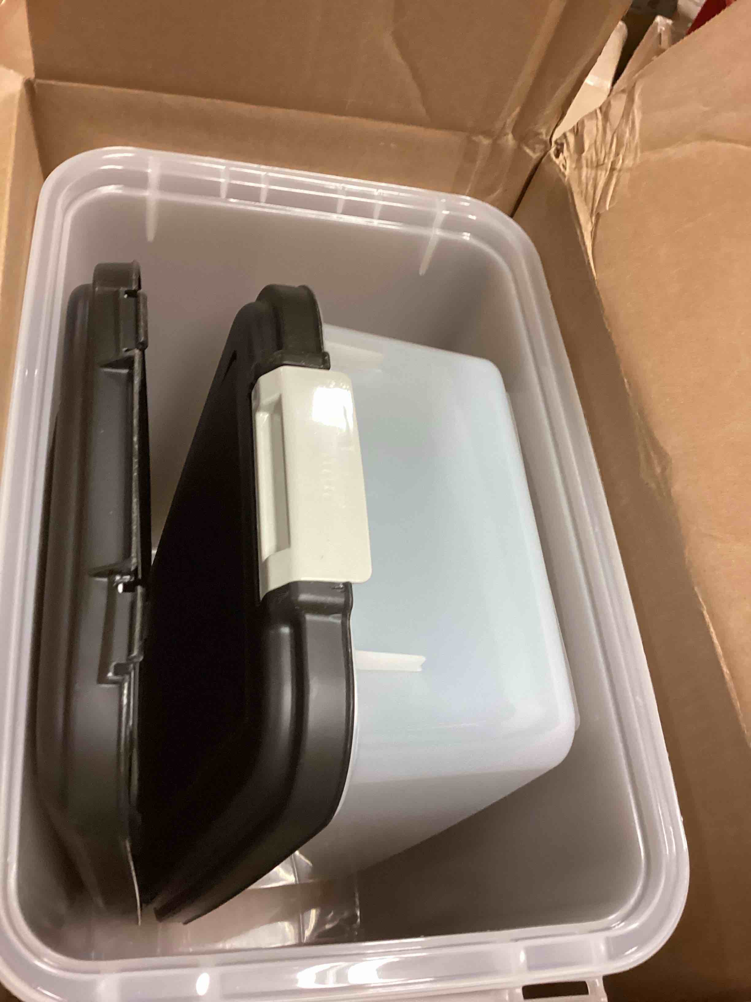 Condition photo showing Good Condition for IRIS USA 3-Piece 41 Lbs / 45 Qt WeatherPro Airtight Pet Food Storage Container Combo with Scoop and Treat Box for Dog Cat and Bird Food, Keep Fresh, Translucent Body, Easy Mobility, Black