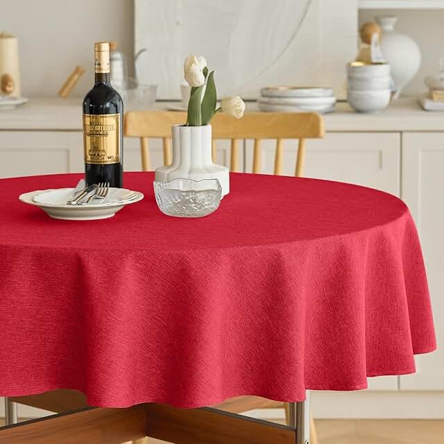 Mebakuk Round Table Cloth Linen Farmhouse Tablecloth Waterproof Anti-Shrink Soft and Wrinkle Resistant Decorative Fabric Table Cover for Kitchen (Red 60" Round (2-4 Seats)) Black 60" (Round)