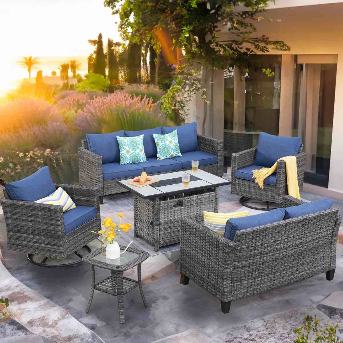 (Incomplete Set, Only 1 Box) Cadi Polyethylene (PE) Wicker 7 - Person Seating Group with Cushions Cushion Color: Blue