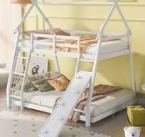 (INCOMPLETE BOX 2 of 2))twin over queen climbing nets bunk bed -white 