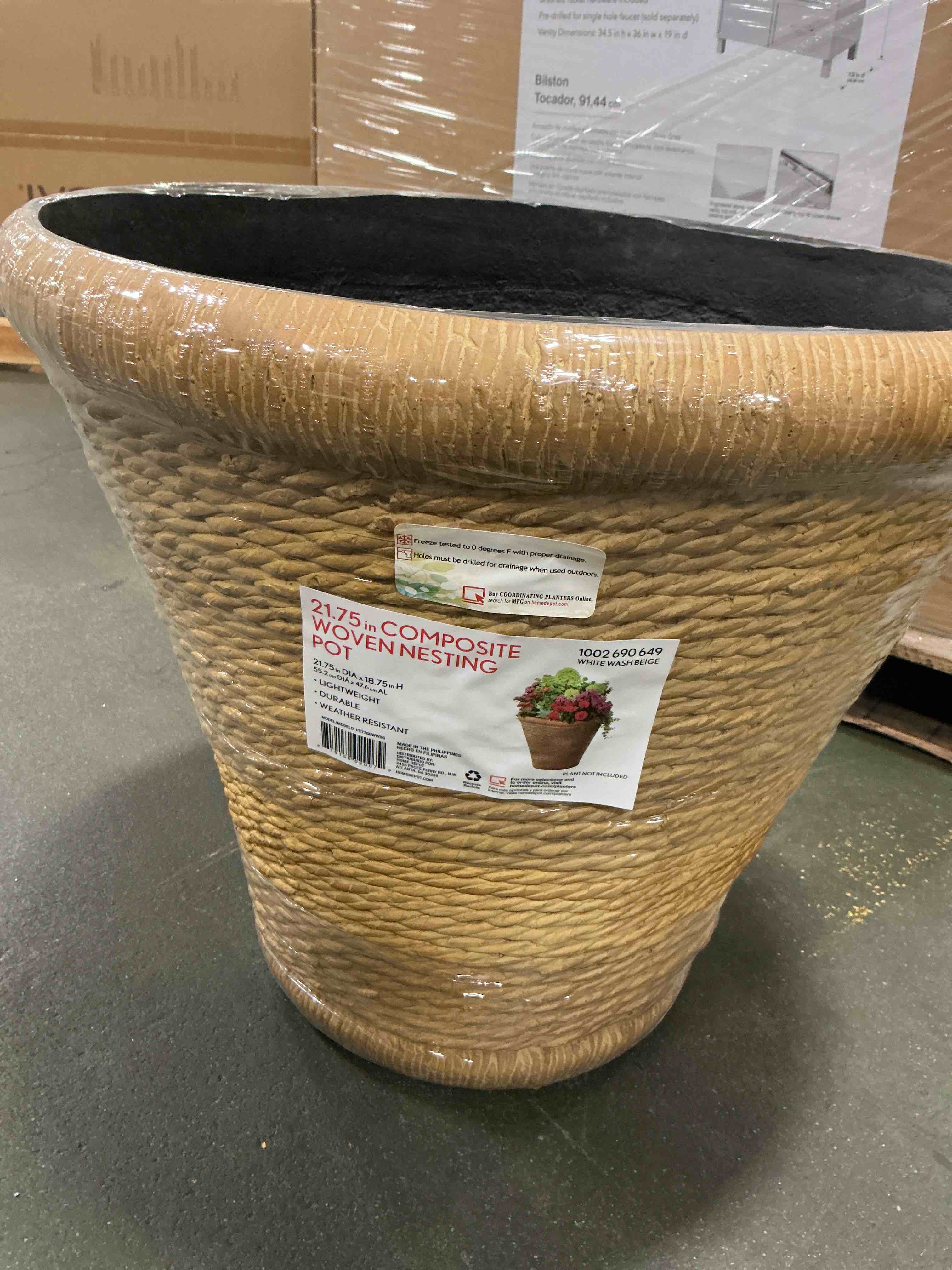 21.75 in composite woven nesting pot white  wash beige 21.75 in DIA x18 .75 in H pack of 4