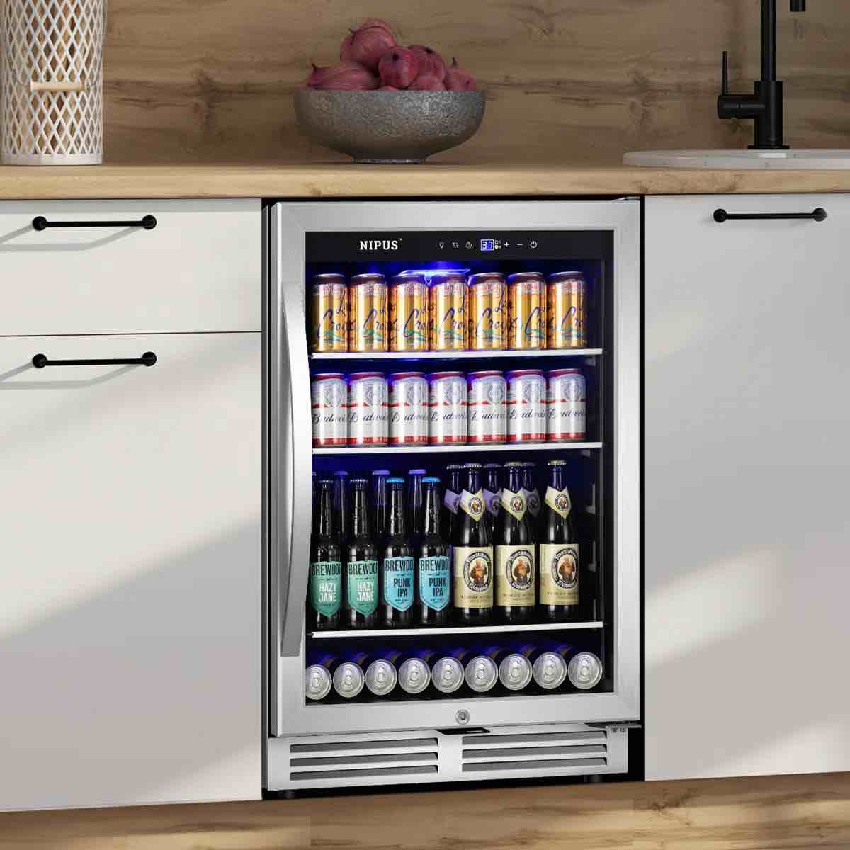 24 inch beverage refrigerator cooler, 190 can built-in and freestanding with glass door, led light safety lock for beer, wine, soda, drinks classic series