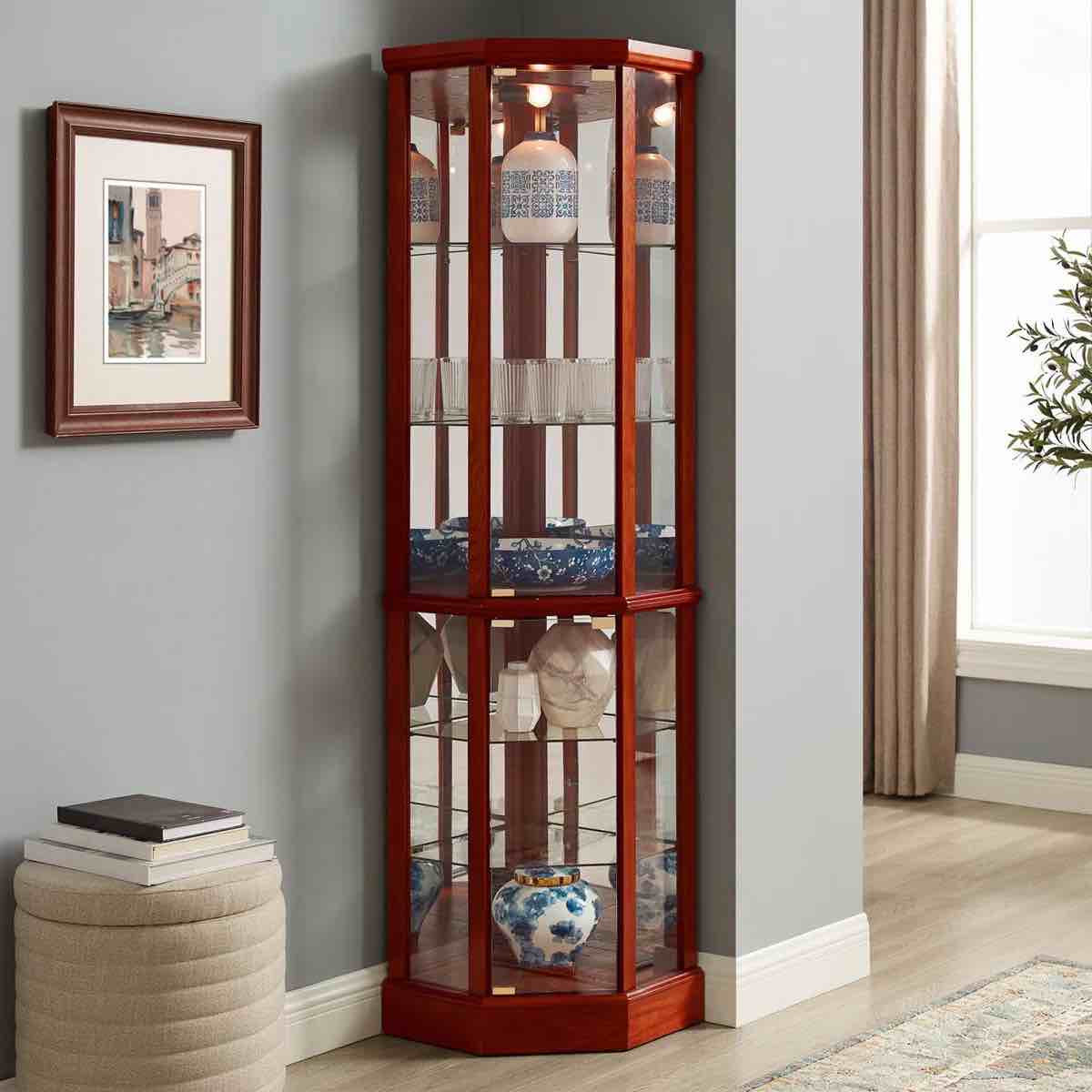6 Shelf Corner Curio Cabinet with Lighted System Adjustable Tempered Glass Shelves and Mirror Back(E26 light bulb not included)