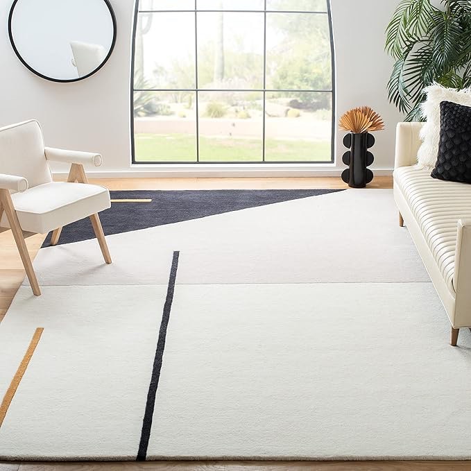 SAFAVIEH Fifth Avenue Collection Area Rug - 11’X 15’ Ivory & Black, Handmade Mid-Century Modern Abstract New Zealand Wool, Ideal for High Traffic Areas in Living Room, Bedroom (FTV110A)