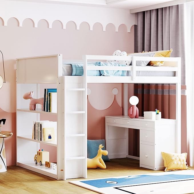 Linique Full Size Loft Bed with Ladder, Shelves, Solid Wood Loft Bed Frame with 5-Drawers Desk, Box Spring No Required, White (Incomplete, Box 2/2 )
