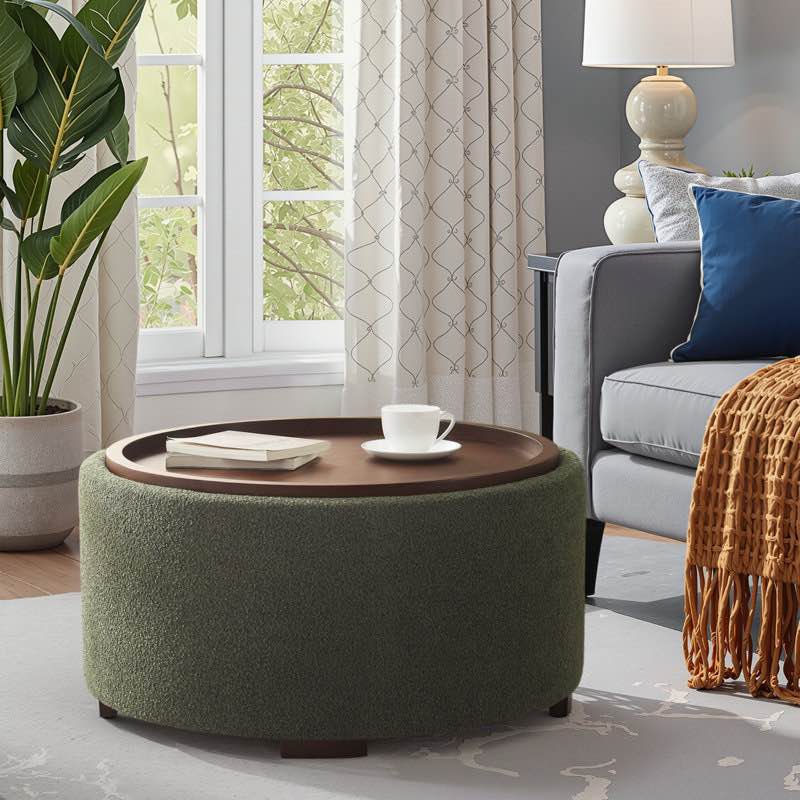 Caysey 30.1" W Upholstered Round Storage Ottoman with Wooden Tray