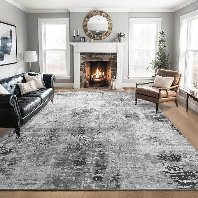 Gray Modern Abstract Machine Washable Indoor Area Rug