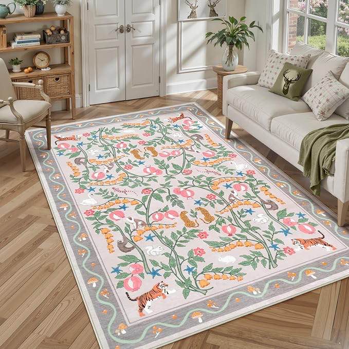 ojia washable area rugs 5x7, soft beige rug for nursery living room modern ultra-thin bedroom carpet, floral animal kids playroom rug boho large carpet for dining room classroom
