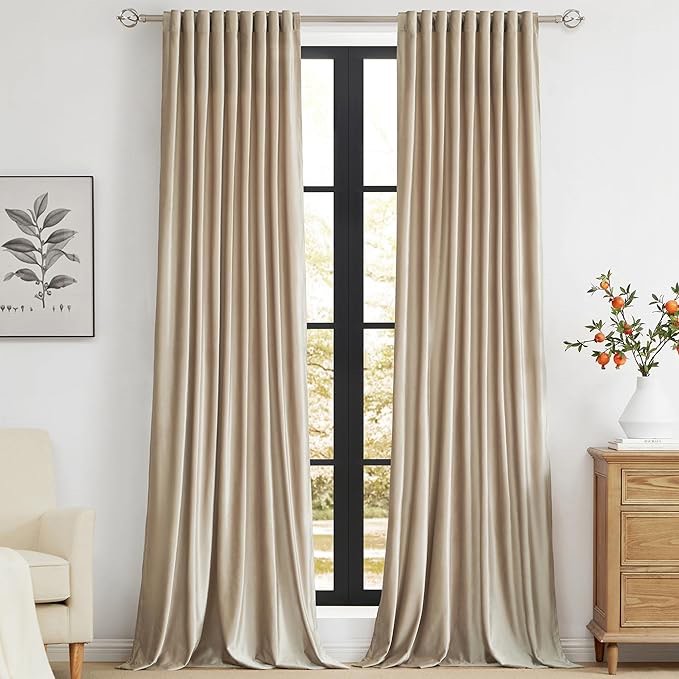 primrose champagne polyester velvet curtains 96 inch long for living room,set of 2 panels blackout rod pocket back tab window treatment room darkening heavy decorative curtains