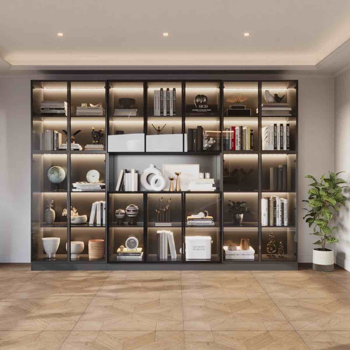 110 '' w black combination bookcase with glass doors and led lights, display cabin with 5-tier shelveset(incomplete)