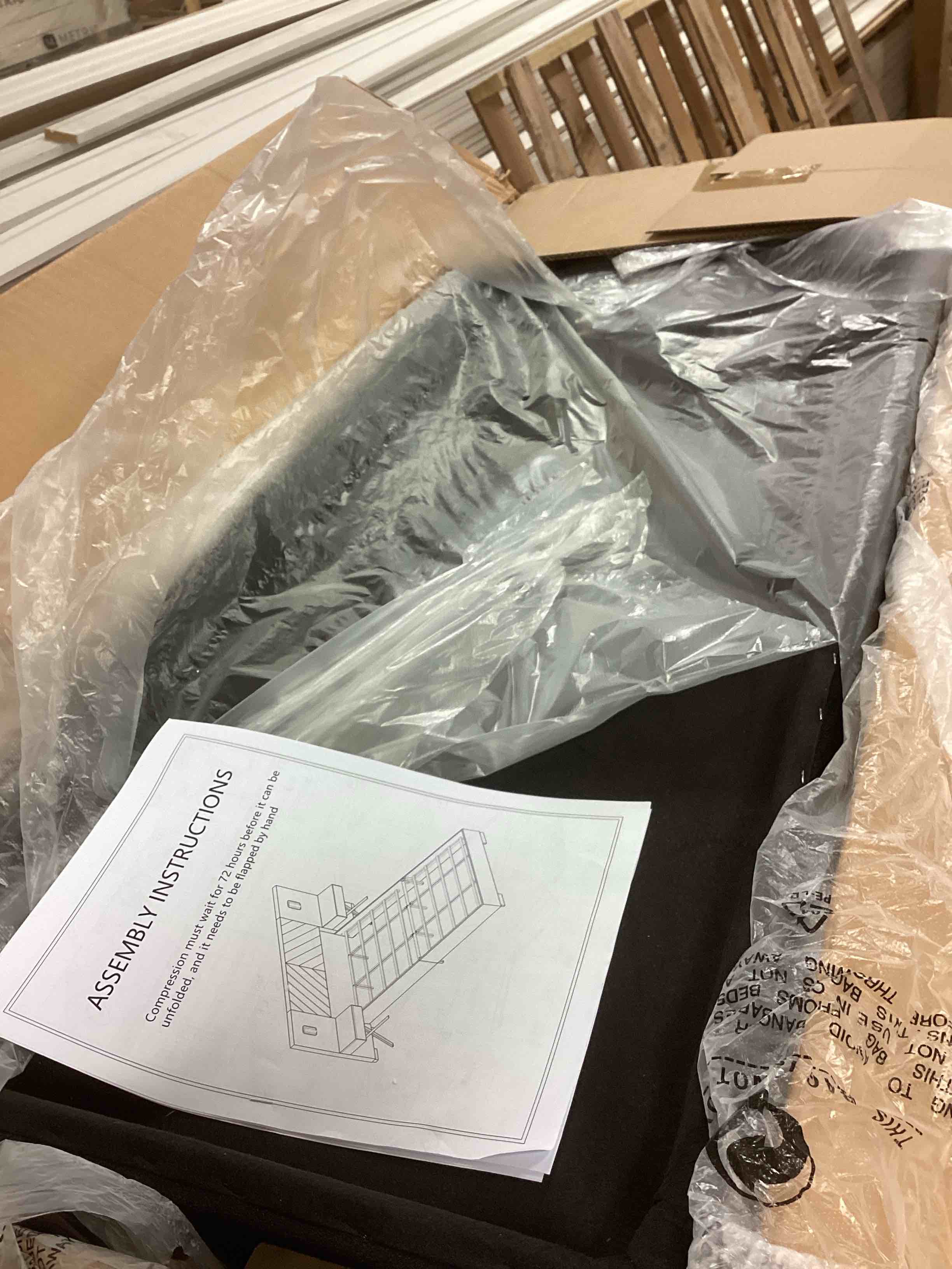 Condition photo showing New/Like New for DEINPPA Luxury Queen Bed Frame with Built-in Gold LED Lights and Nightstands, Queen Size Platform Bed with Oversize Upholstered Headboard, No Box Spring Needed-Gunmetal Black (incomplete one box of two only)