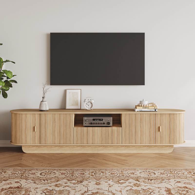 86.6" curved tv stand for 85 inch tv, entertainment center with storage, fluted media console with sliding doors, mid century modern tv consoles for living room, bedroom