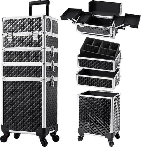 stagiant rolling makeup case cosmetology case on wheels 4 in 1 large cosmetic organizer train case makeup travel case with key swivel wheels nail artist salon storage traveling cart trunk black