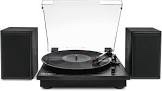 victrola montauk vinyl record player, 3-speed belt driven turntable with stereo bluetooth speaker pair, rca output & 3.5mm headphone jack, removable dust cover, black wood finish