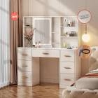 vanity desk with sliding mirror & led lights, smart makeup table with charging station, hairdryer holder, 7 shelves, 3 drawers, 2 cabinets, vanity with extra hidden stroage for bedroom, white