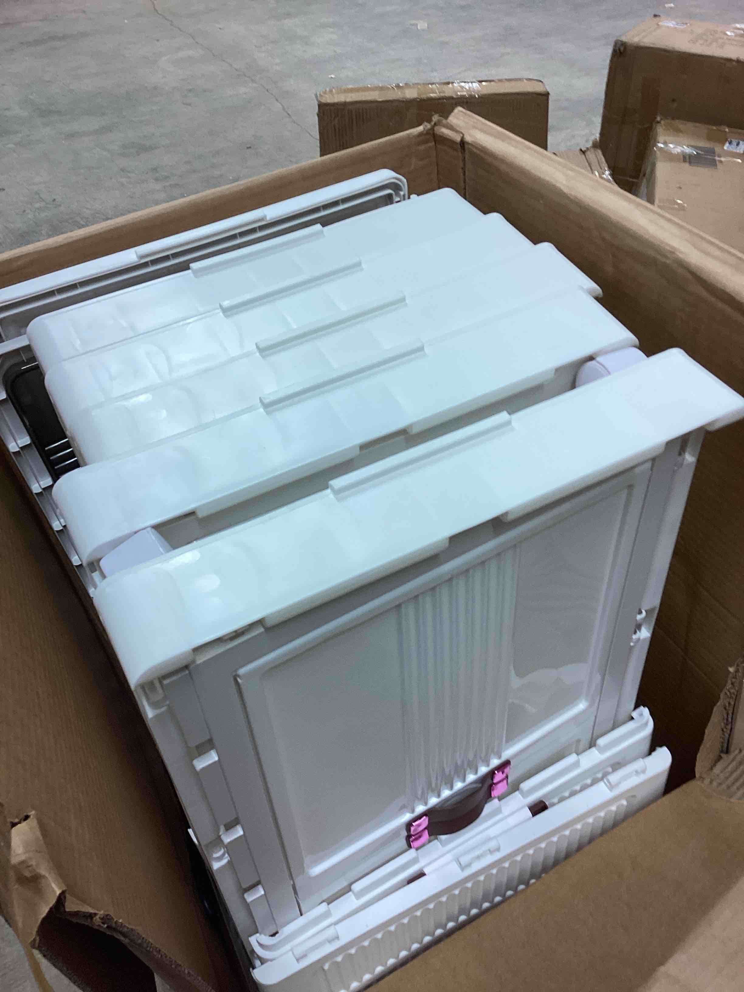 Condition photo showing As Is for 5 Tier  Storage Bins Stackable with Doors Plastic Drawers Rolling Wheels for Bedroom Closet, Compact Dorm Organizer Cream Finish, Easy Gliding Shelves