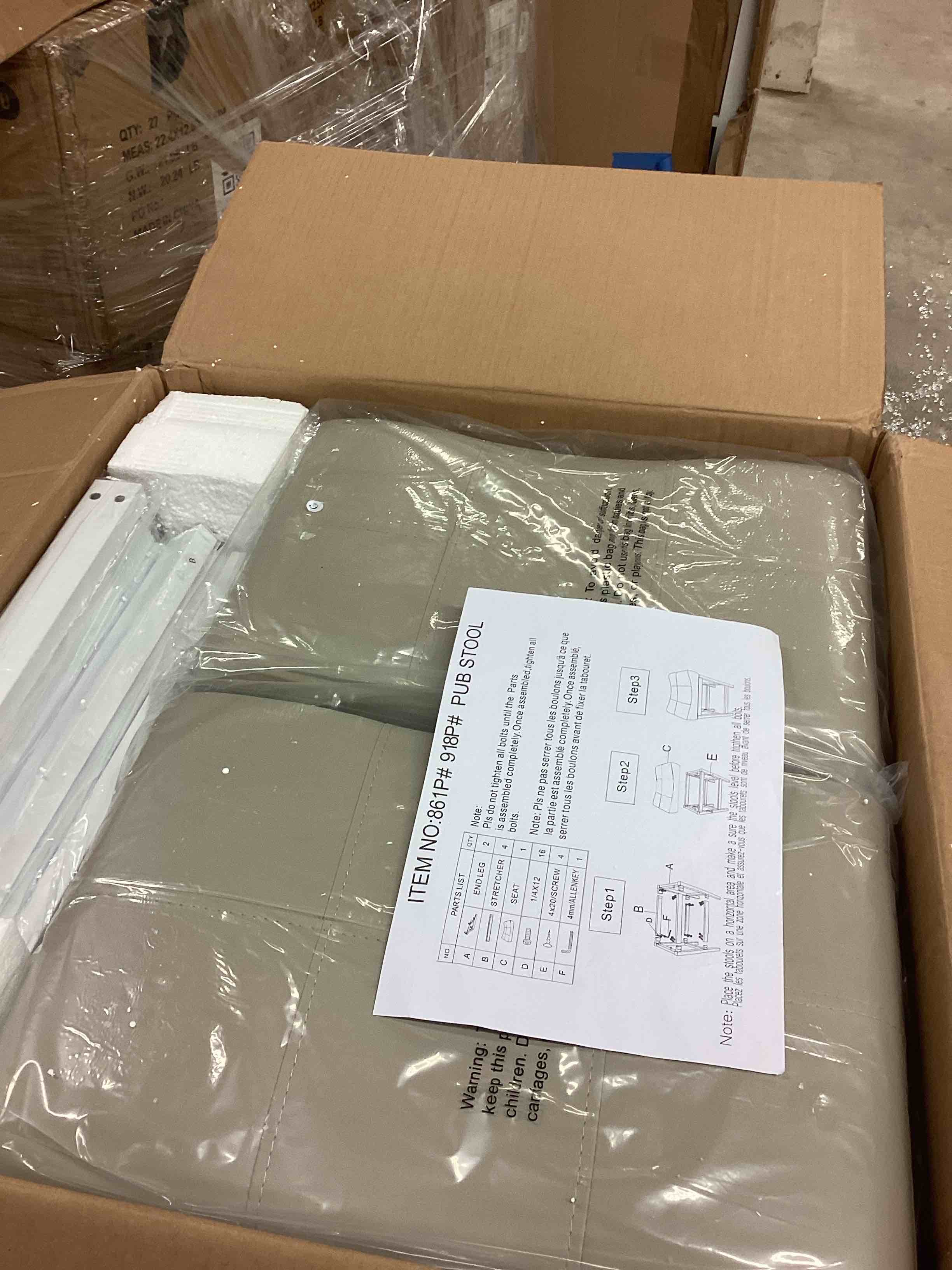 Condition photo showing New/Like New for 2 pcs nailhead counter stools -Matt white/light grey pu