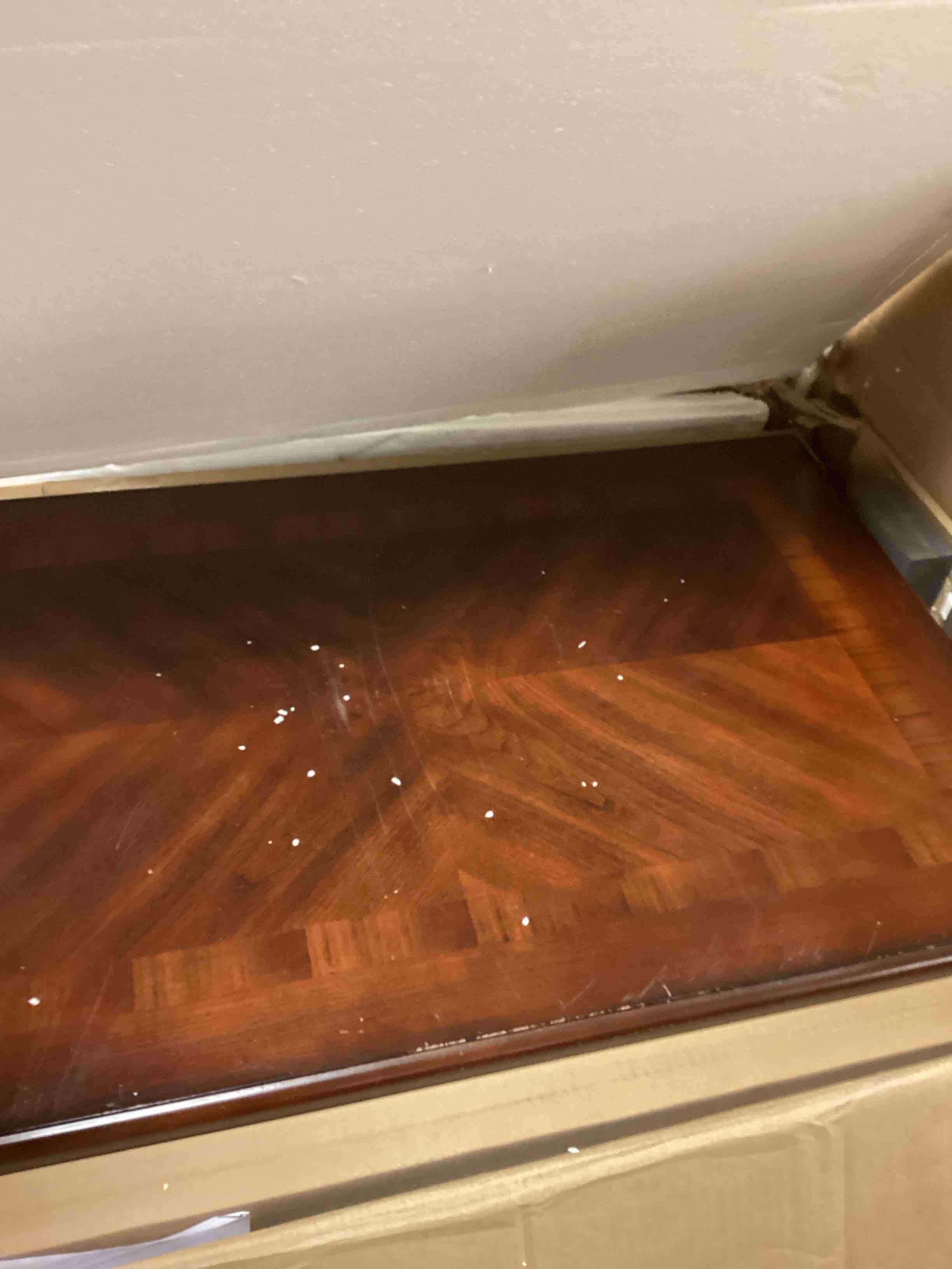 Condition photo showing As Is for Small Computer Desk With 2 Storage Drawers, 31.5" Home Office Desks- , Elegant Wood Writing Desks with Carved Legs, Classic Vanity Dressing Table For Small Space Easy Assembly Caramel Brown SSZ-D1258