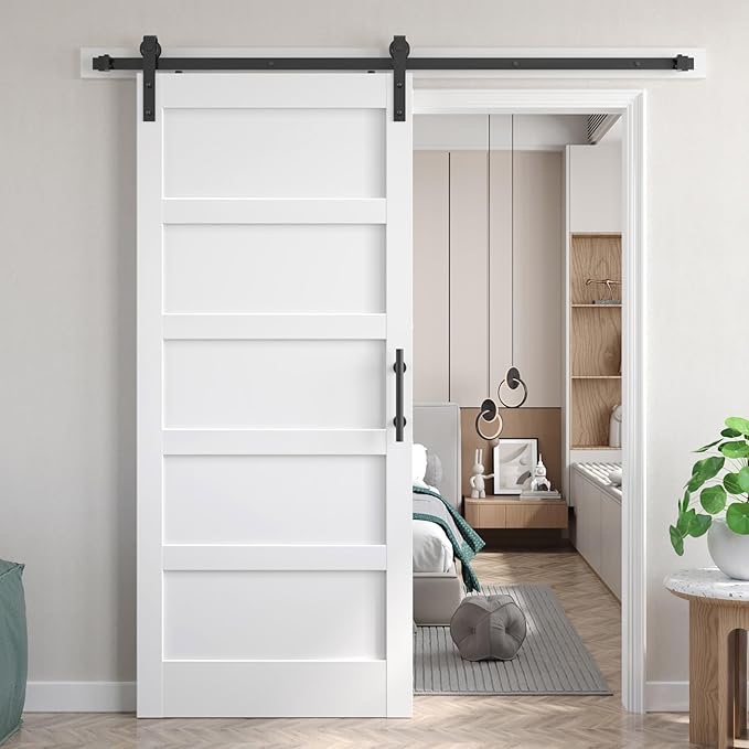 Fredbeck 34x80 inch White Barn Door with 6 FT Sliding Door Hardware Kit Included & Handle,MDF,Solid PVC Surface,DIY Assembly,5-Panel