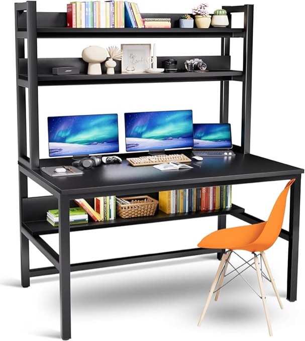 Aquzee Computer Desk with Hutch and Bookshelf, 47 Inches Black Home Office Desk with Space Saving Design, Metal Legs Table Desk with Upper Storage Shelves for Study Writing/Workstation, Easy Assemble
