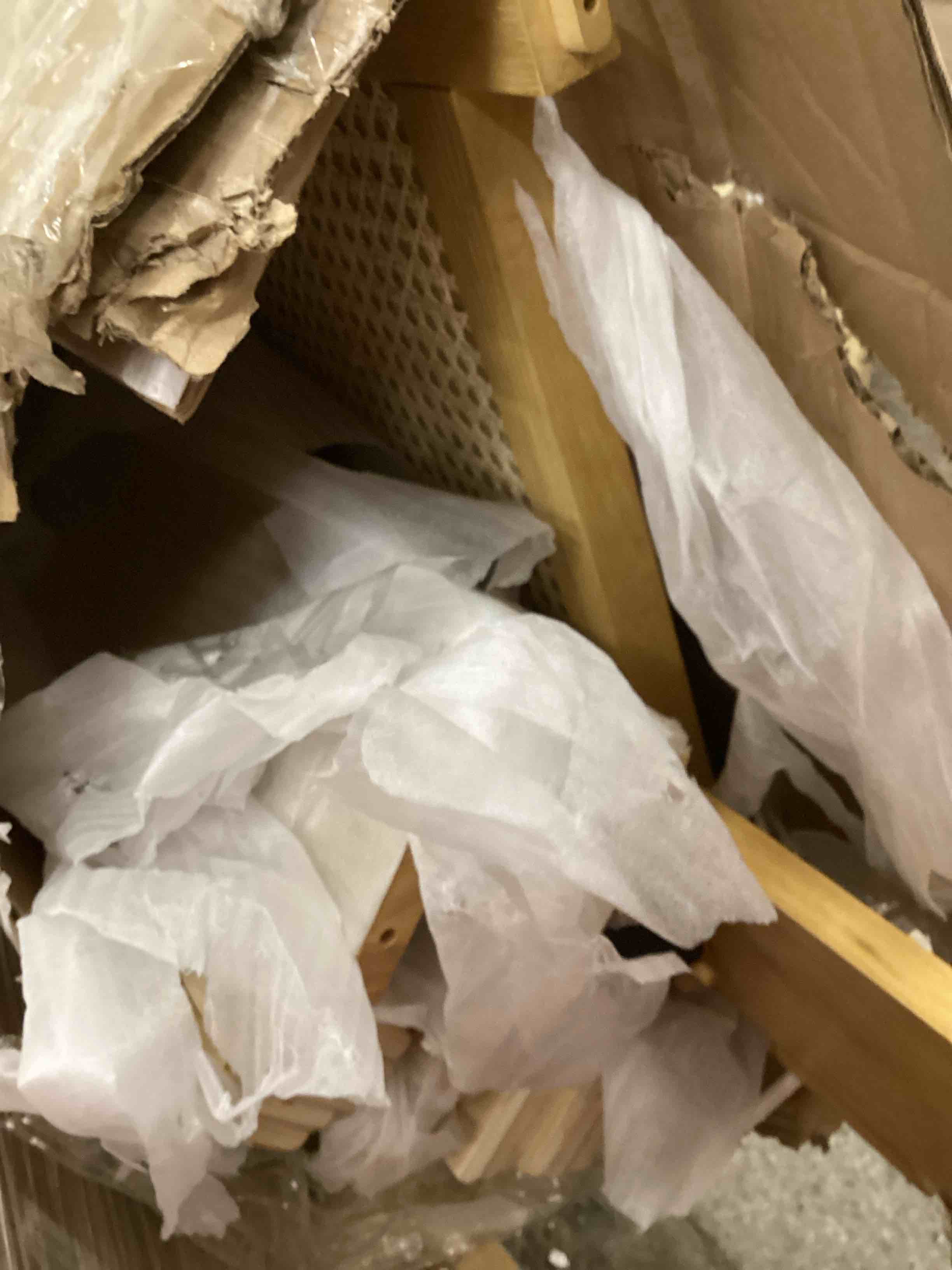 Condition photo showing As Is for NTC Ruby Wooden Bed Frame with Headboard and Natural Rattan, Solid Oak/Rubber Wood Foundation with Silent Slats, 1000 Lb Capacity, Effortless Assembly - King - Rustic Oak