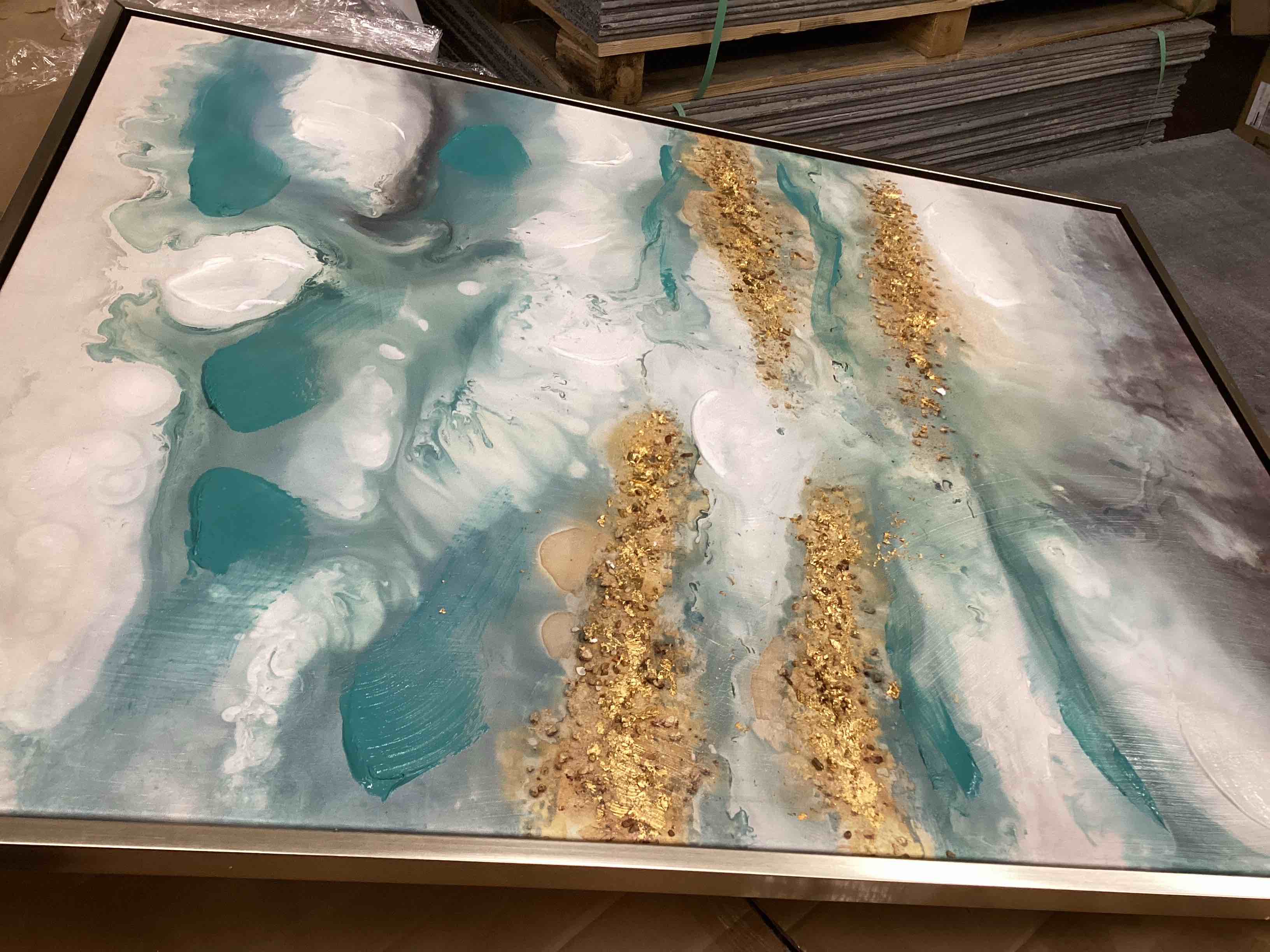 Condition photo showing As Is for joss & main 37*55” frame gold art remedy wave canvas gold blue 
