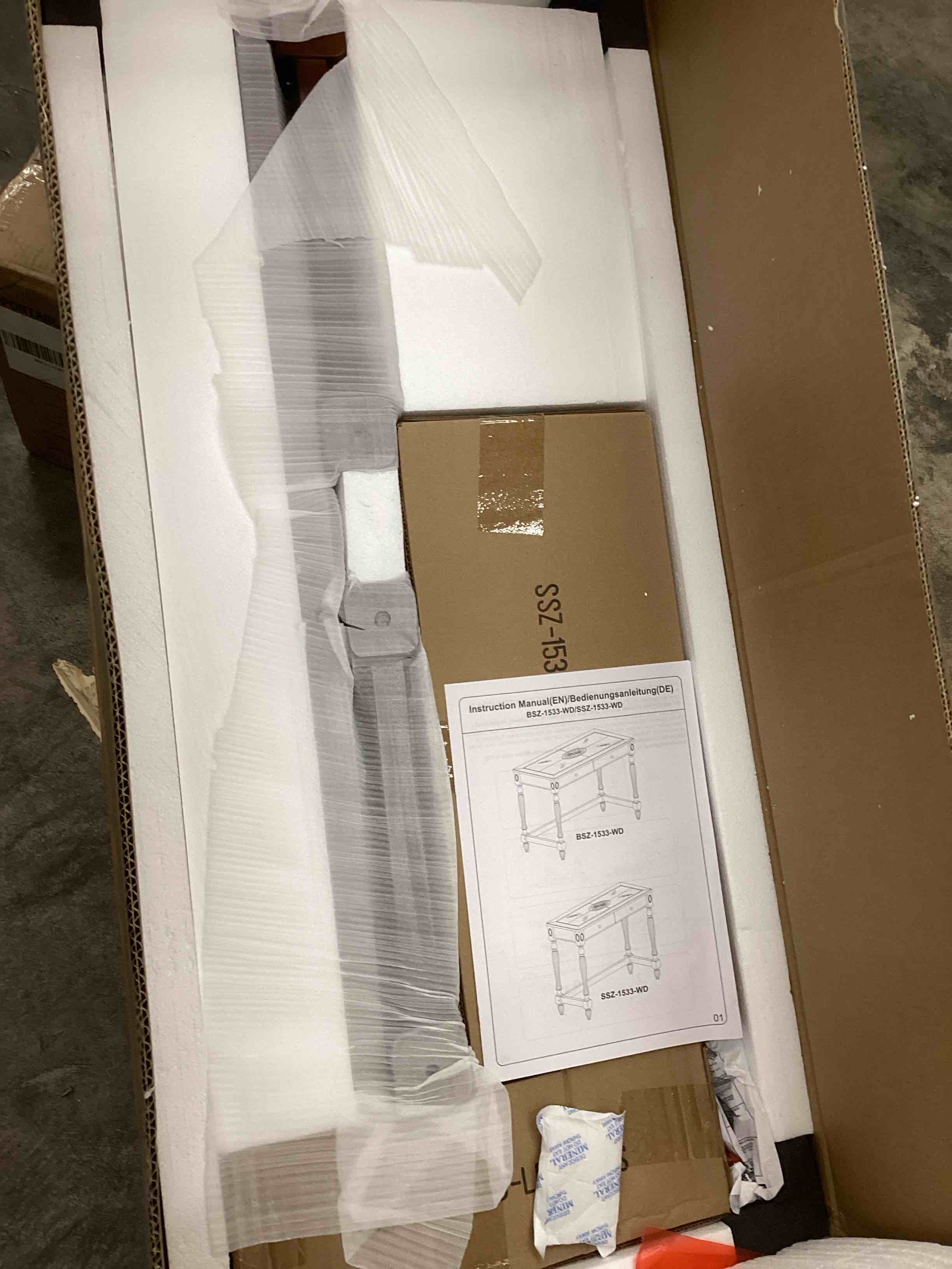 Condition photo showing New/Like New for Solid Wood Computer Writing Desk with 2 Storage Drawers, Traditional Vanity Dressing Table, Small Home Office Desk, Corner Table, Easy Assembly 39.37” x 15.74” x 30.9” Cherry Red Walnut SSZ1533WD