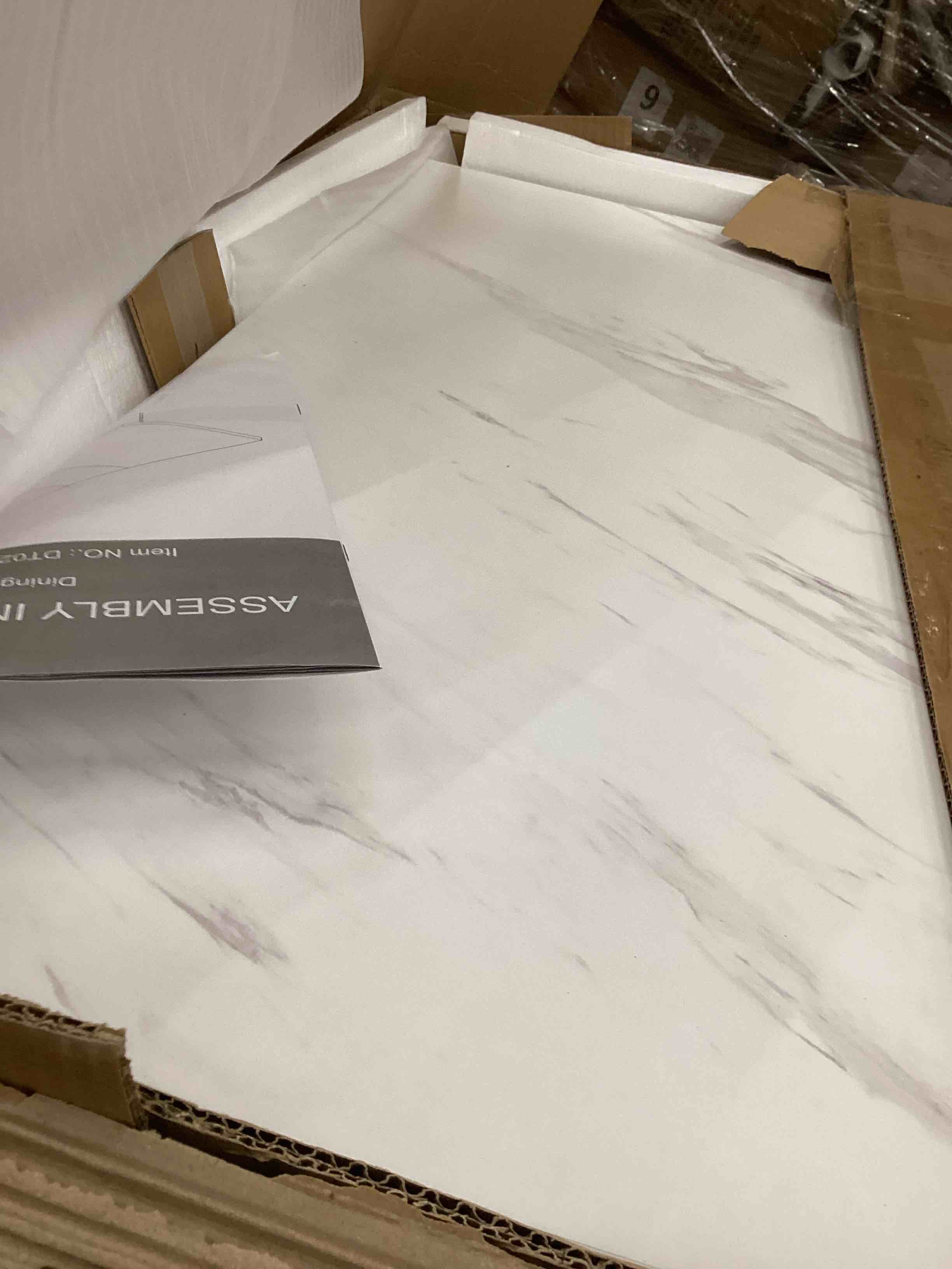 Condition photo showing As Is for HSH White Faux Marble Dining Table, 63 inch Modern Dinner Table for 6 people, Farmhouse Rectangle Kitchen Table for Living Room, Large Wood Dining Room Tables with strong Pedestal, White Marble, 63 In