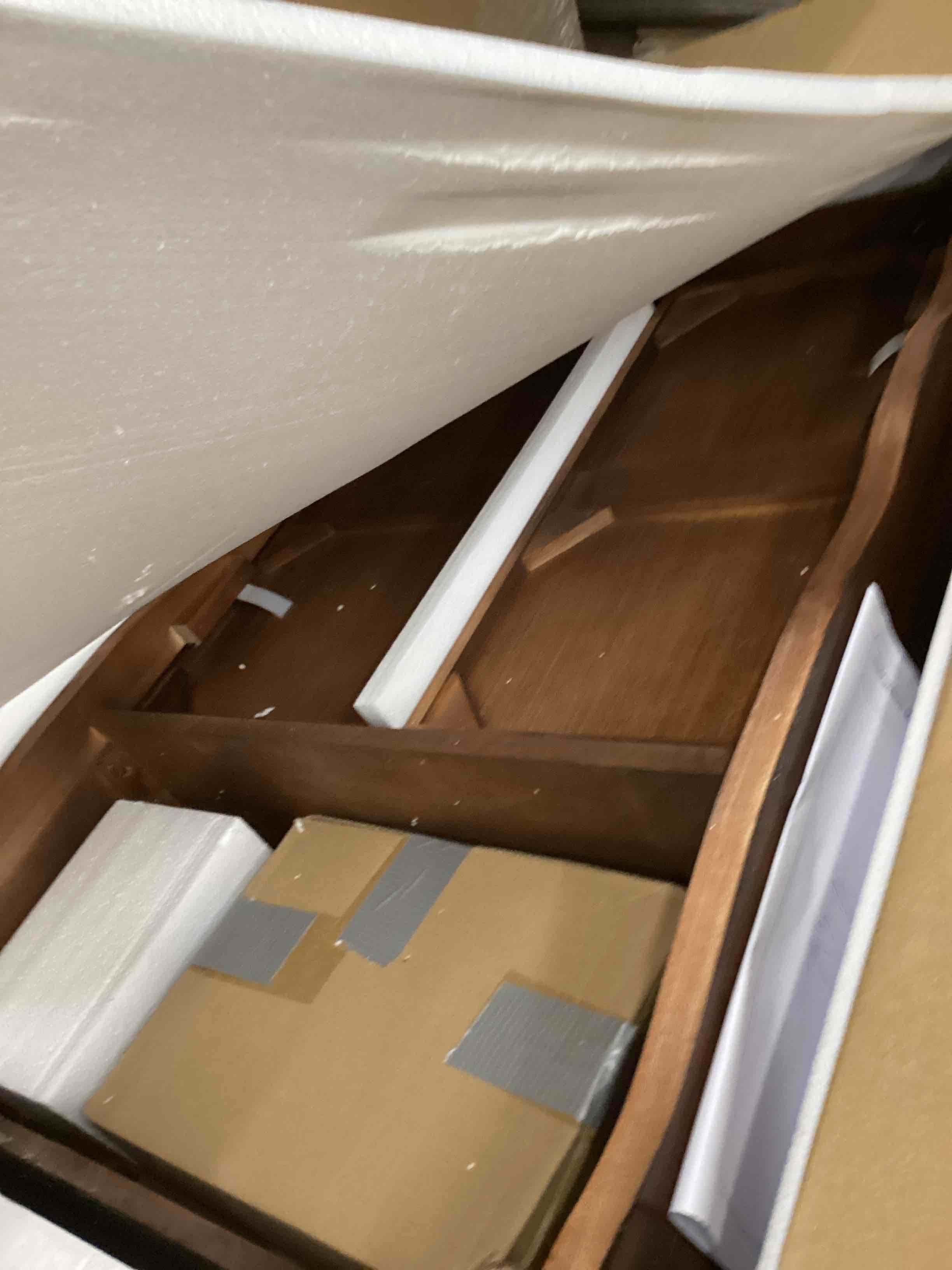 Condition photo showing As Is for Rustic Coffee Table with 2 Storage Drawers and Shelf, 43.3" Rectangle Farmhouse Center Tea Table with Solid Wood Carved Legs,Classic Living Room Table, No-Tools Assembly Caramel Brown KFZ-C008-DR