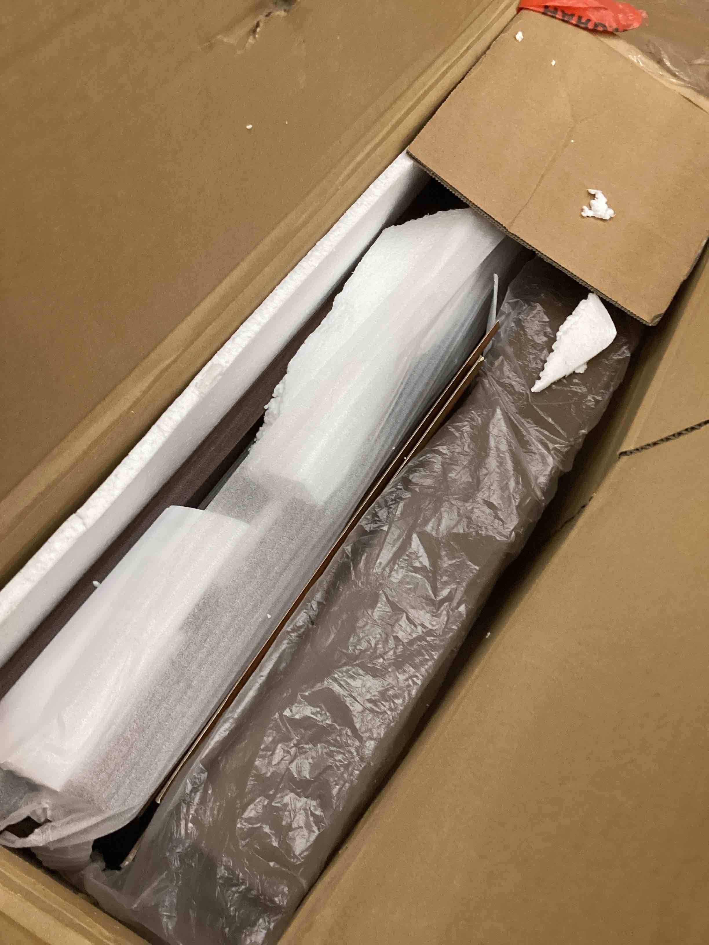 Condition photo showing As Is for HSH Oval Coffee Table with Storage, 47” Modern Coffee Table with Press Type Door, Fluted Living Room Tables with 2 Flip-Top Hidden Lids, Wood Center Table for Living Room, Office,Walnut