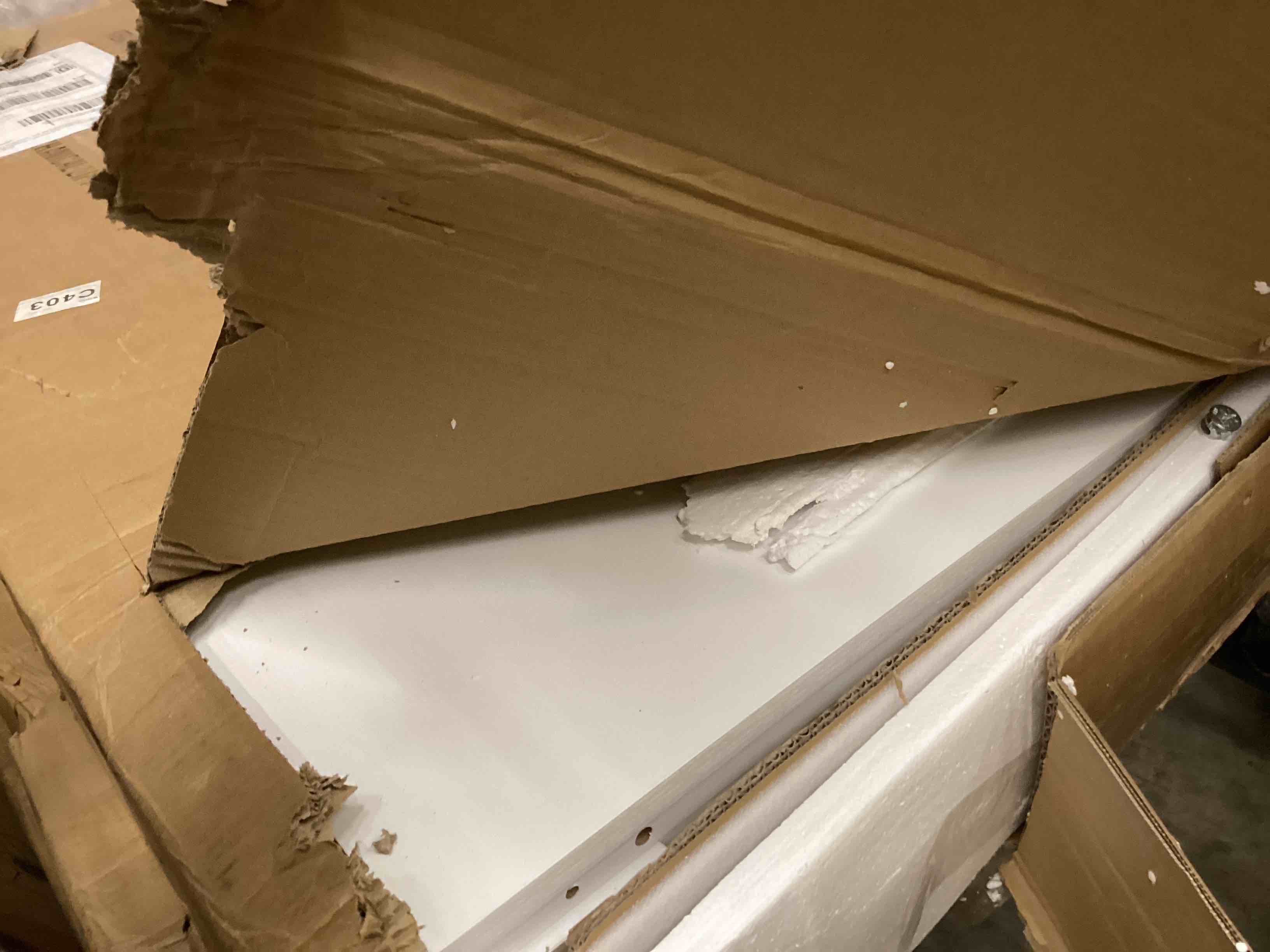 Condition photo showing As Is for LVB White L Shaped Corner Desk with Drawers, Reversible Modern L-Shaped Computer Desk with Storage Cabinet Shelves, Large Wood Metal L Shape Home Office Desk for Work Study Writing Gaming, 59 Inch