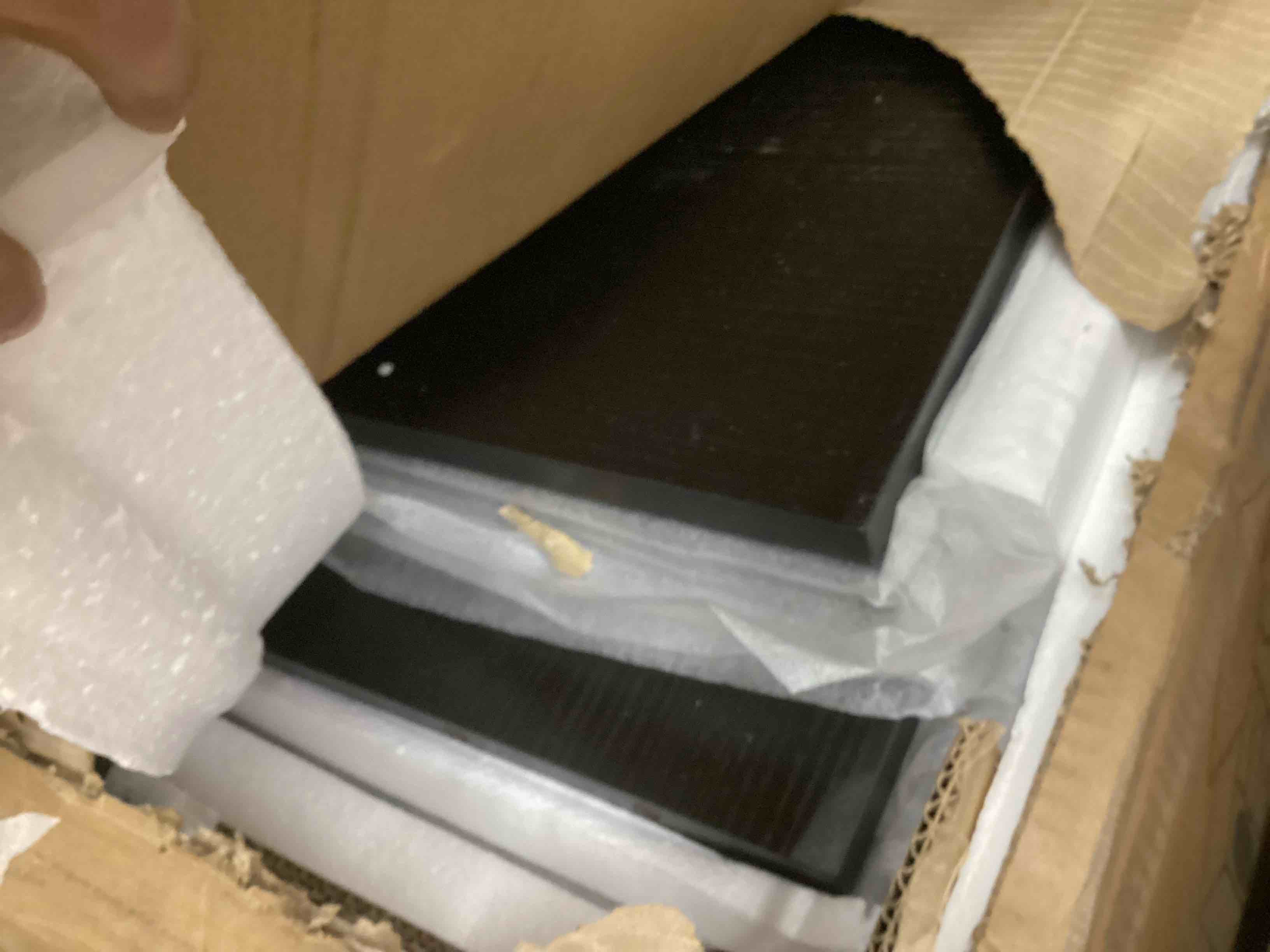 Condition photo showing As Is for HSH 72" Rustic Kitchen Island with Storage, Mobile Farmhouse Kitchen Island Cart with Cabinet, Drawer & Shelves, Island Table on Wheels for Meal Prep, Dining Room & Home Bar, Rustic Brown & Black Oak