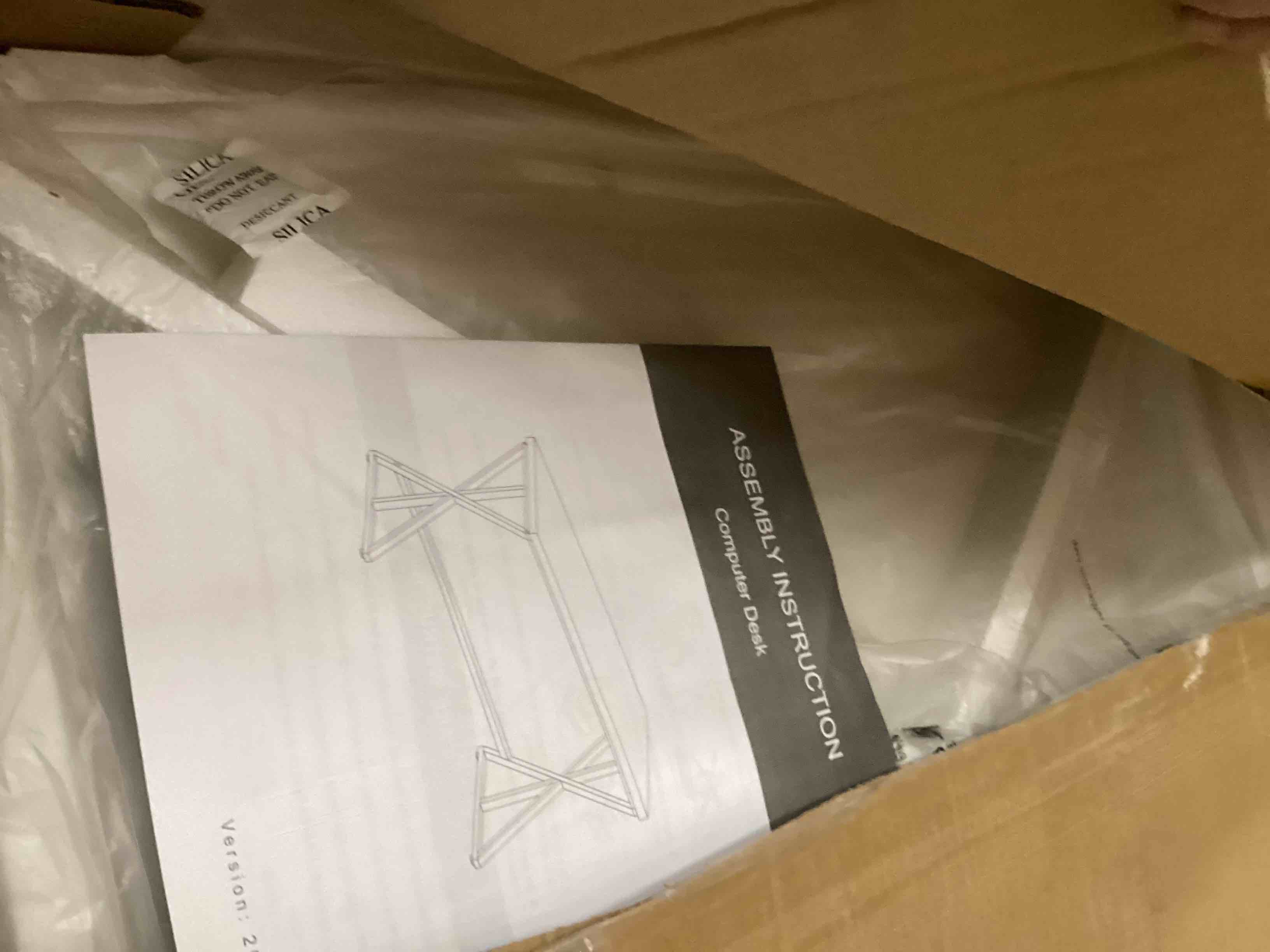 Condition photo showing As Is for IBF Modern White Computer Desk, Industrial Long Home Office Desk for Student, Large Metal Wood Writing Study Work Desks, Farmhouse Executive Gaming Computer Table for Bedroom Living Room, White, 60 In